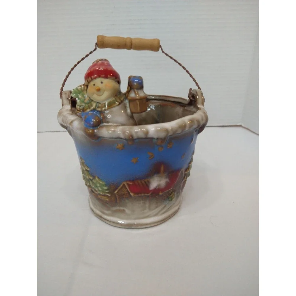 Small Snowman Ceramic Gift Bucket Wood Handle Winter Village Christmas Holiday